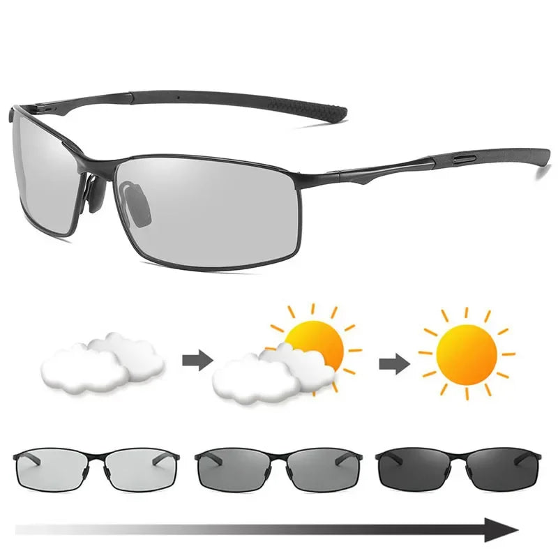 Photochromic Men’s Polarized Sunglasses – Metal Square Frame, UV400 Driving & Outdoor Sports Cycling Glasses