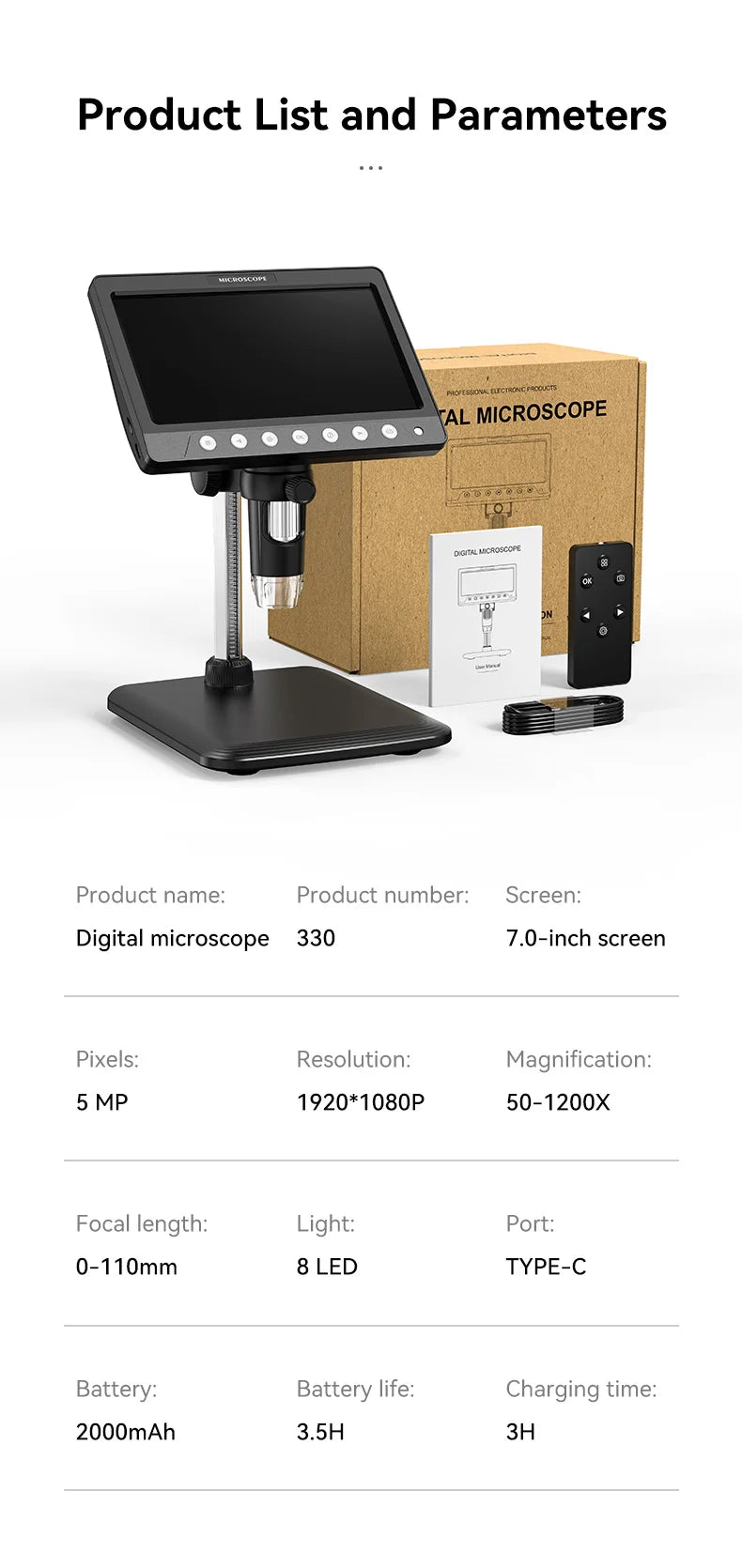 7-Inch IPS Digital Coin Microscope 5MP 1200X – 1080P Ultra-Precise Focusing Camera with 8 LED Lights for Coins & Circuits
