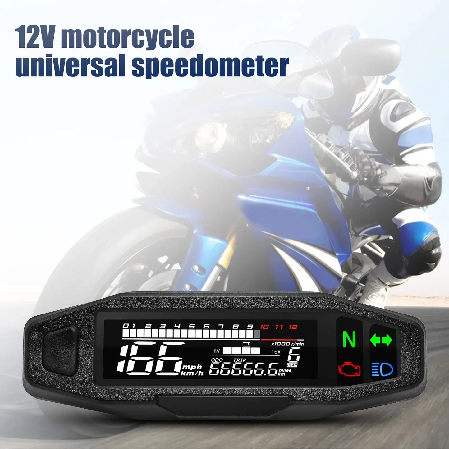 AD Universal Motorcycle Digital Speedometer – LED Tachometer Dashboard Instrument Panel with LCD Display & Y Bracket