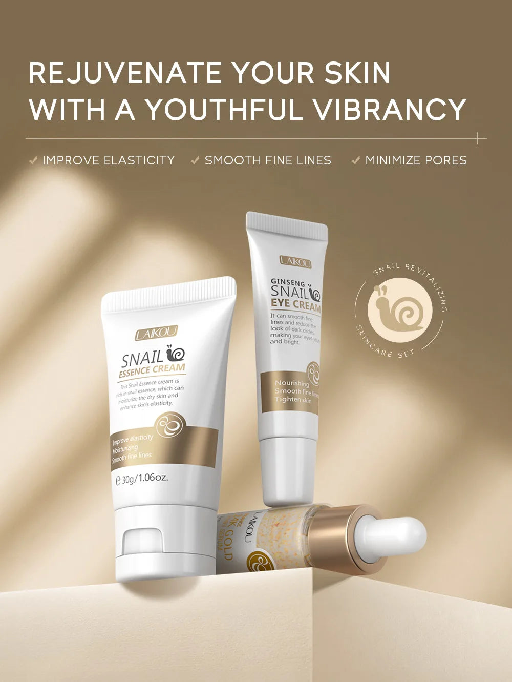 3pcs LAIKOU Vitamin C 24K Golden Sakura Skincare Set – Moisturizing Face Cream, Serum & Eye Cream