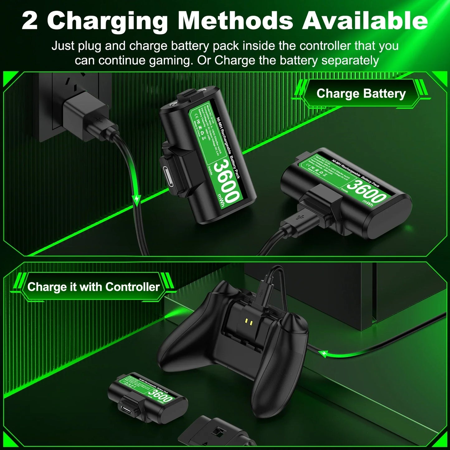 BEBONCOOL 2x3600mWh Rechargeable Batteries for Xbox One & Series S/X Controllers | Xbox Accessories Pack
