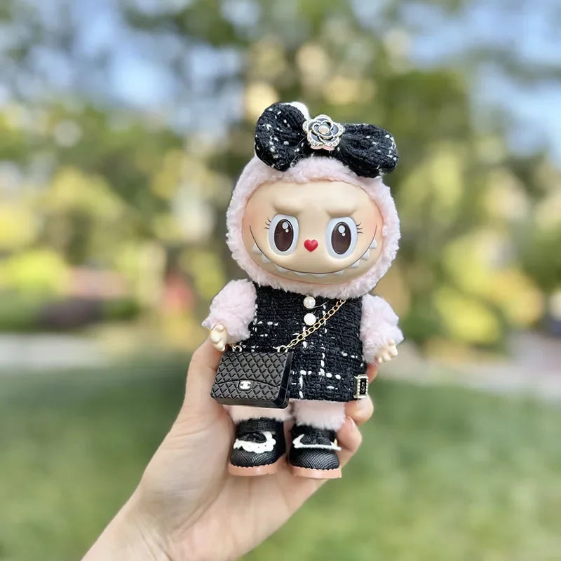 Cute 17cm Labubu Idol Doll Outfit – Camellia Dress, Bag & Shoes Set for Mini DIY Monster Sitting Party Collection