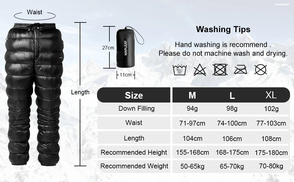 MAPLELEAF Ultralight Down Pants – 800FP Warm Winter Ski, Snow, Windproof & Waterproof Trousers for Camping & Hiking