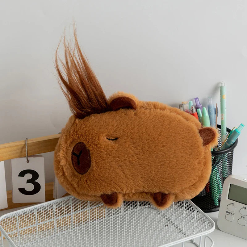 Cute Plush Capybara Pencil Storage Bag - Cartoon Animal Pen Case, Multifunctional Large Capacity Stationery Pouch