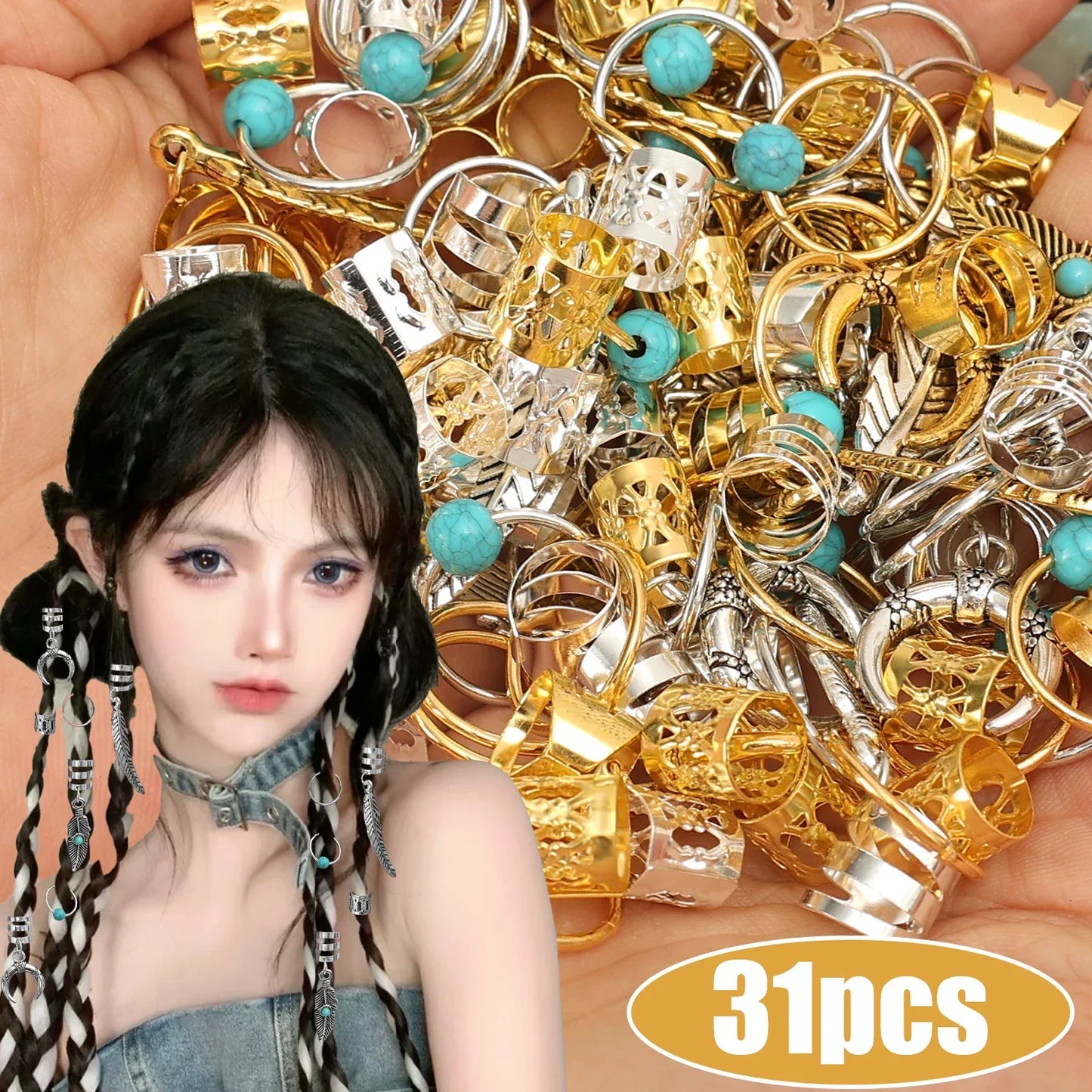 31PCS Turquoise Hollow-Out Hair Rings — Dreadlock & Braid Beads, Hair Braid Tubes Charm Jewelry for Styling