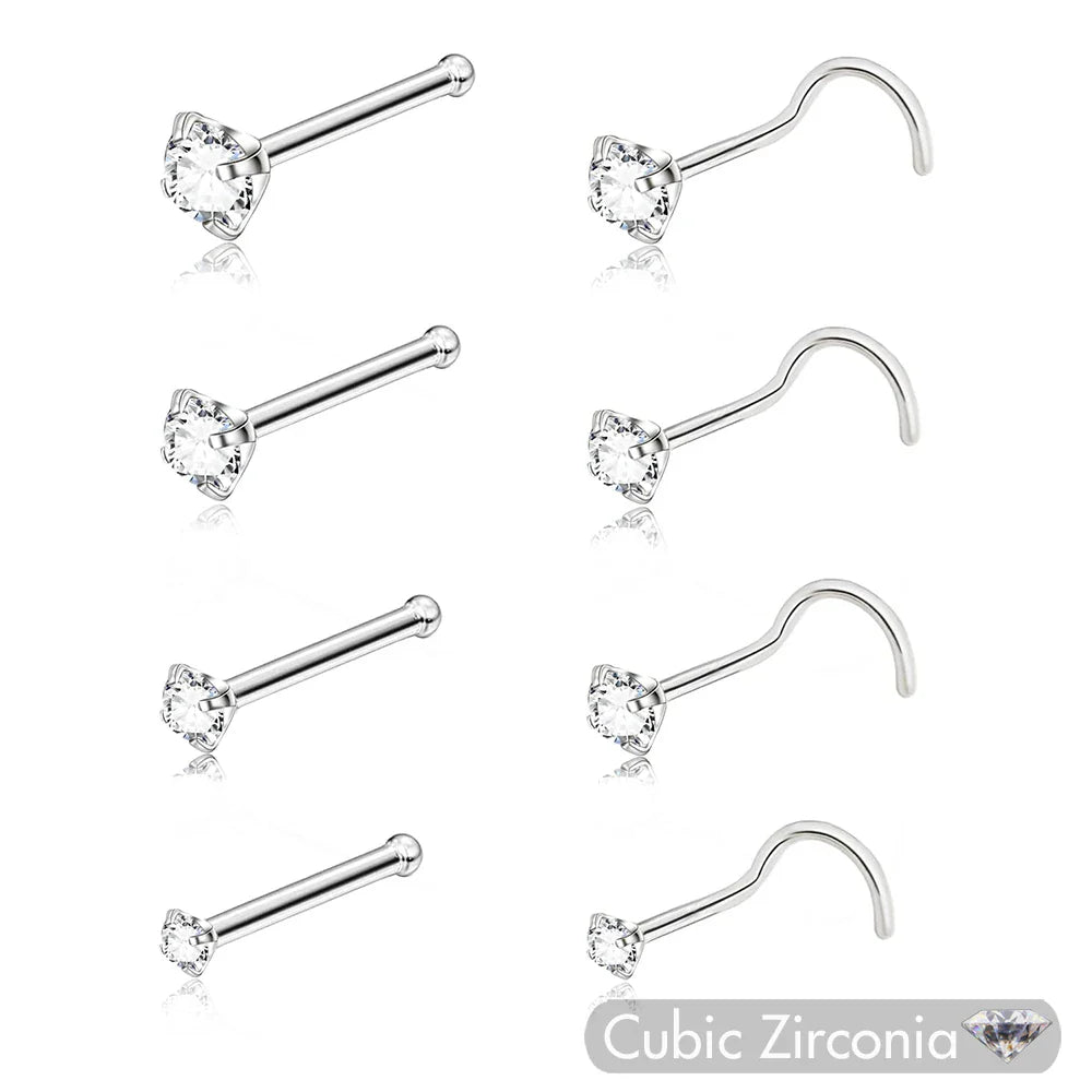 5PCS Stainless Steel Nose Ring Studs — Crystal Nostril Piercing Jewelry for Women & Girls, 1.5/2.0/2.5/3.0mm, 20G