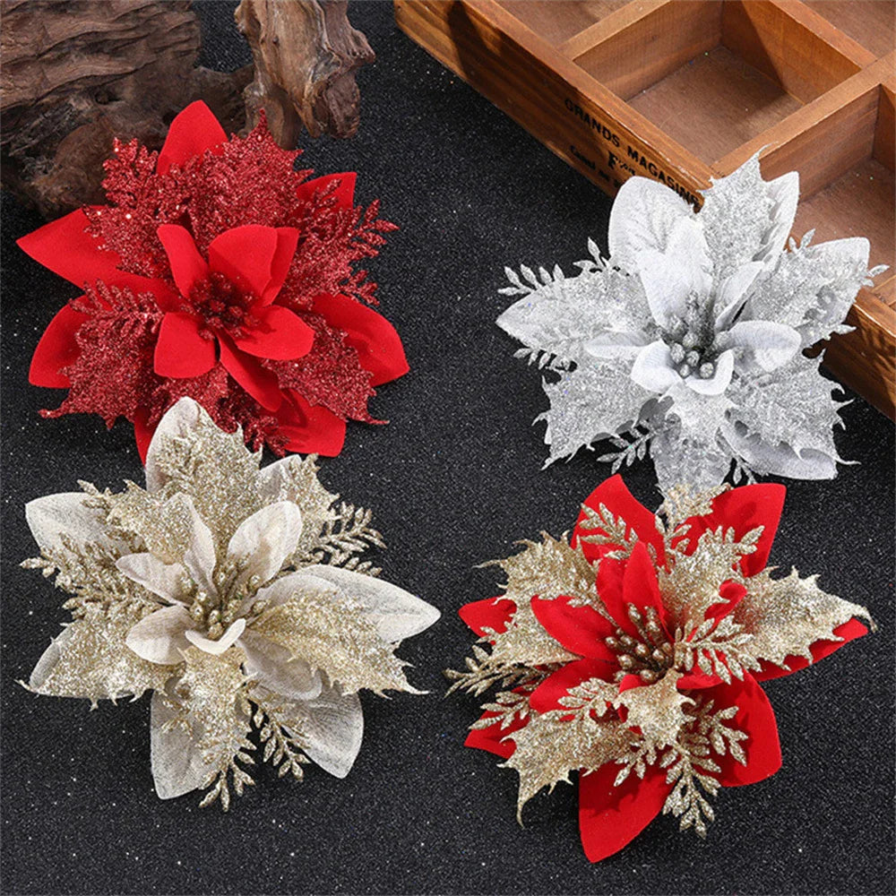 5/10PCS 14.5cm Christmas Flower Ornaments | Pink, Red, Gold Glitter Artificial Flowers for Tree & Home Xmas Decoration