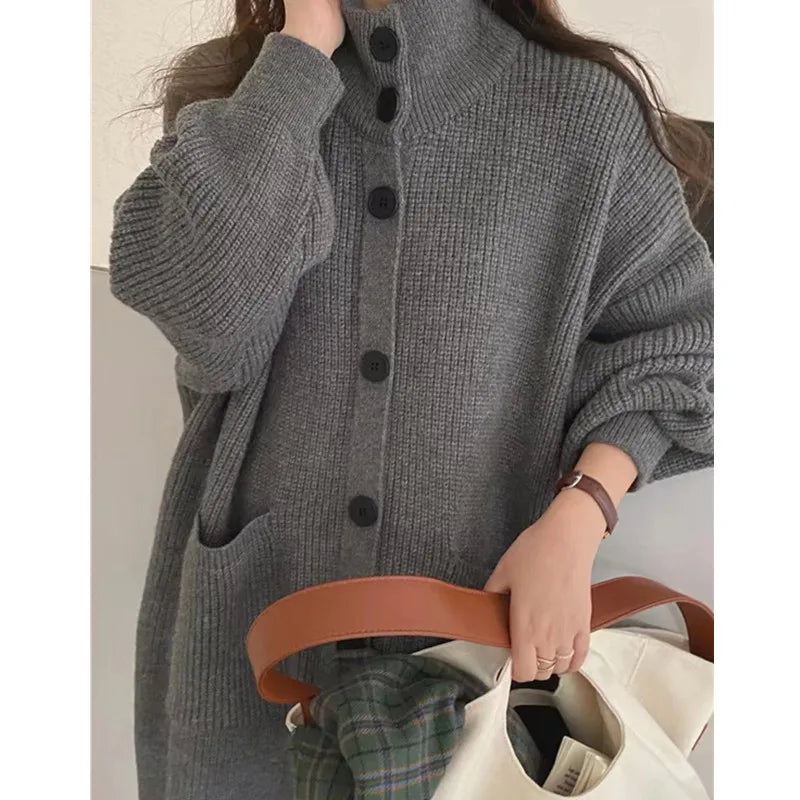 Women's High Neck Knitted Cardigan – Single Breasted Long Sleeve Mid-Length Sweater Jacket for Spring & Autumn