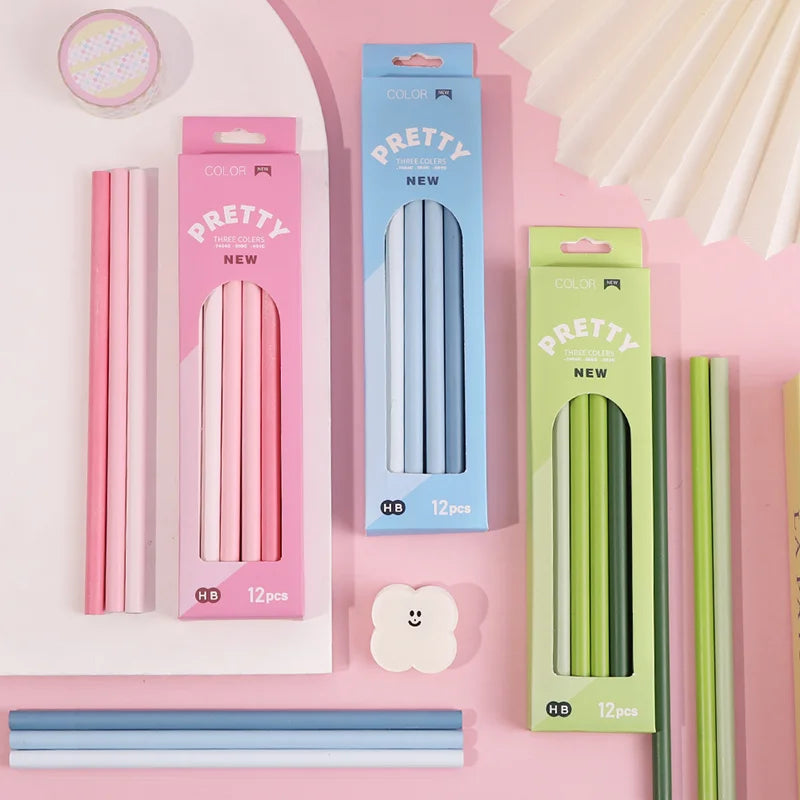 12-Piece Gradient Colored Pencils Set - Pastel Macaron Colors with Natural Wood Finish