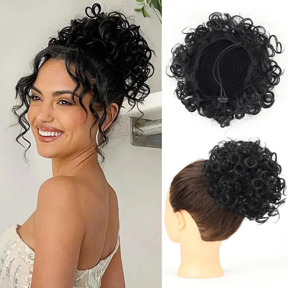 Synthetic Messy Bun Hair Piece – 60g Elastic Drawstring Curly Wave Hair Bun Extension for Women (Dark Brown)