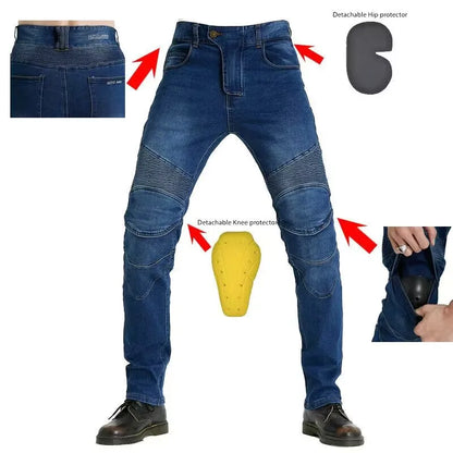 Men's Embroidery Motorcycle Jeans – Protective Gear with Belt, Motocross Pants for Driver License Test & Riding