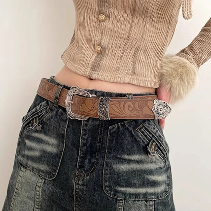 Western Brown PU Leather Vintage Belt for Women — Cowgirl Waist Belt with Metal Carved Buckle, 3-Set Designer Belts for Jeans