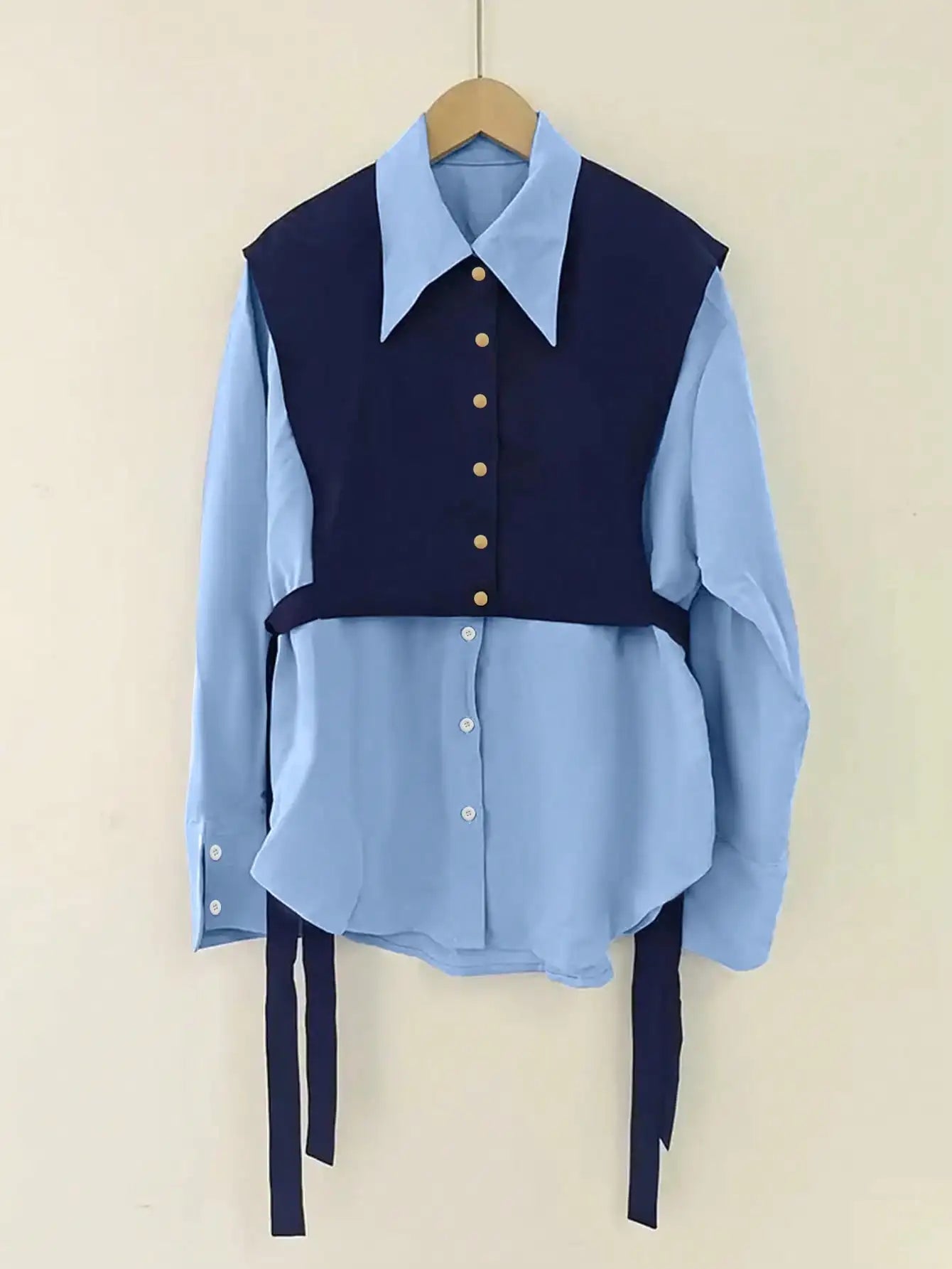 Women’s Colorblock Button-Front Shirt – Loose Fit Blouse with Tie Detail
