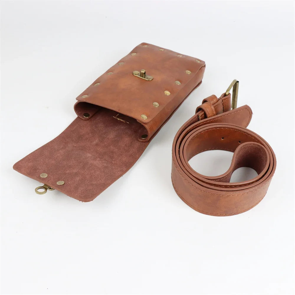 Medieval Cosplay Leather Belt Set – Copper Coin Waist Bag for Renaissance Dress, Steampunk Role-Playing & Halloween Costume