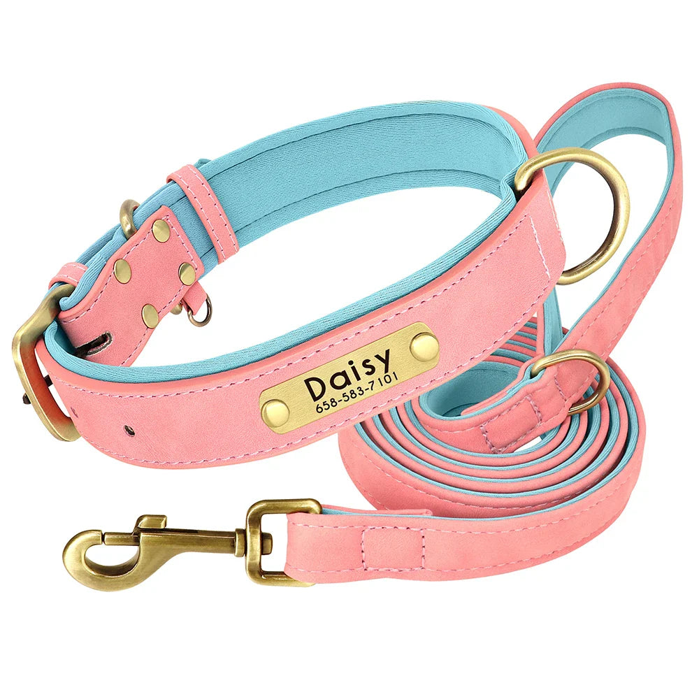 Customized Leather Dog Collar & Leash Set – Soft Padded Adjustable Collar for Small, Medium & Large Dogs with Engraved Nameplate