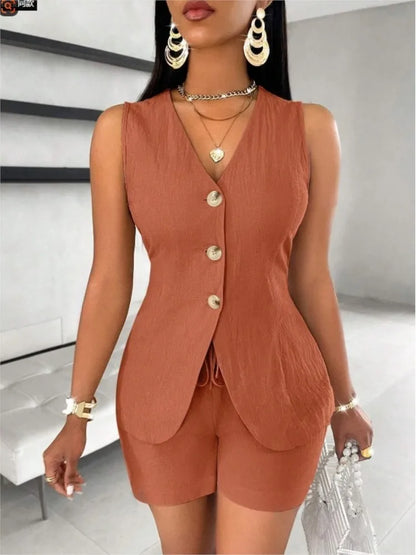 2025 Women’s 2-Piece Summer Outfit Set – Elegant Solid Color Button Top & Shorts Suit for Casual, Office & Holiday Wear