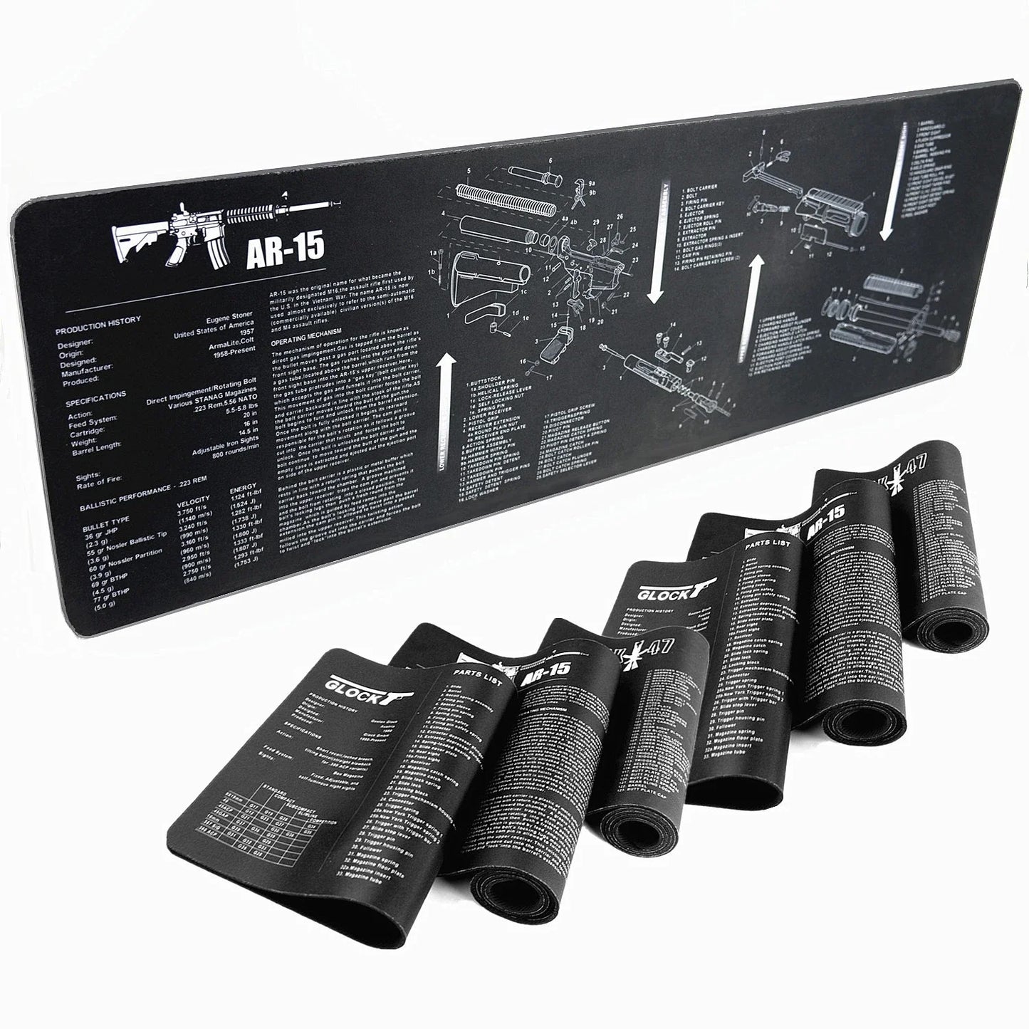 Gun Cleaning Mat Mouse Pad — Armorers Bench Mat with Parts Diagram & Instructions for AR15, AK47, GL, 1911