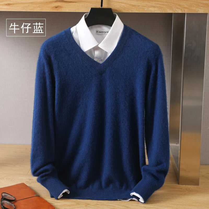 Men’s 100% Pure Mink Cashmere Sweater – V-Neck Knit Pullover, Long Sleeve Winter Jumper, Large Size High-End Top