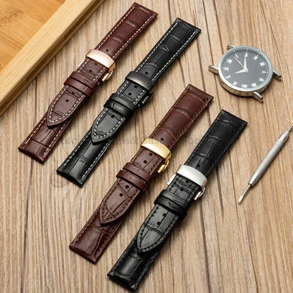 Universal Genuine Leather Watch Band 12–24mm with Butterfly Clasp – Premium Strap for Men & Women (Gift Box Included)