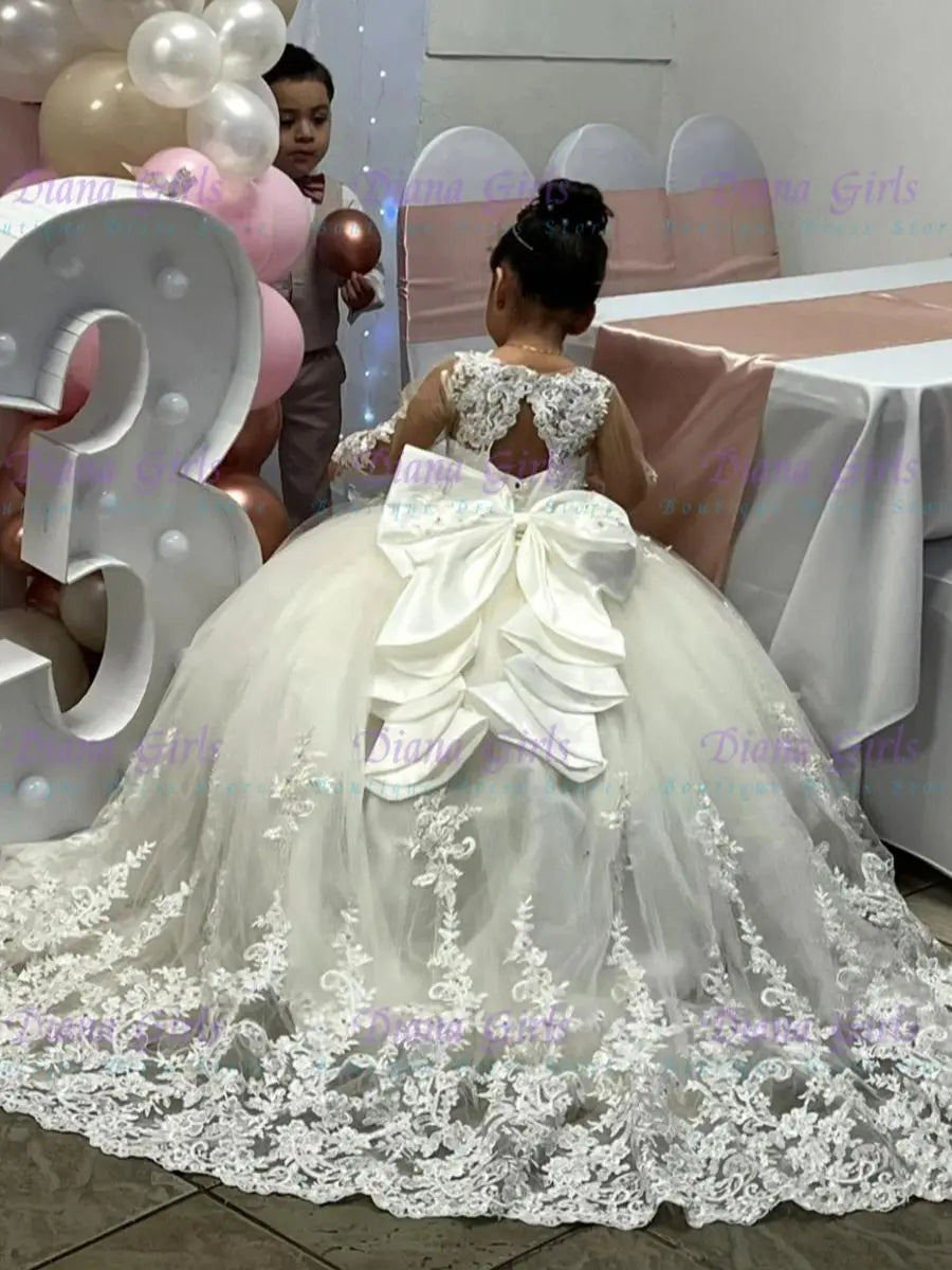 White Tulle Flower Girl Dress - Lace Applique Wedding & Party Gown