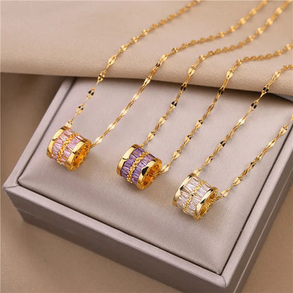 3 Color Lucky Beads Pendant Necklace – Stainless Steel & Sparkly Zircon Jewelry for Women