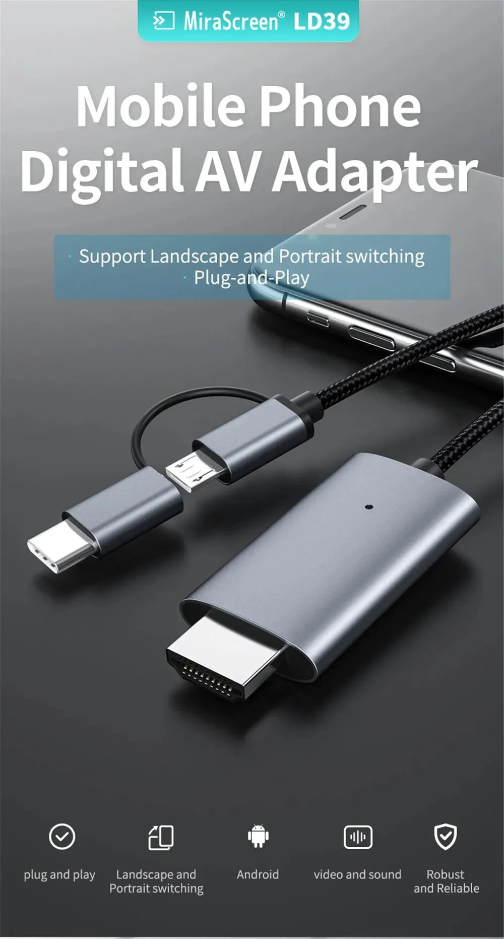 LD39 Wire HD Streaming TV Stick – Micro USB & Type C to HDMI Cable for Screen Mirroring from Android Phone/Tablet to TV
