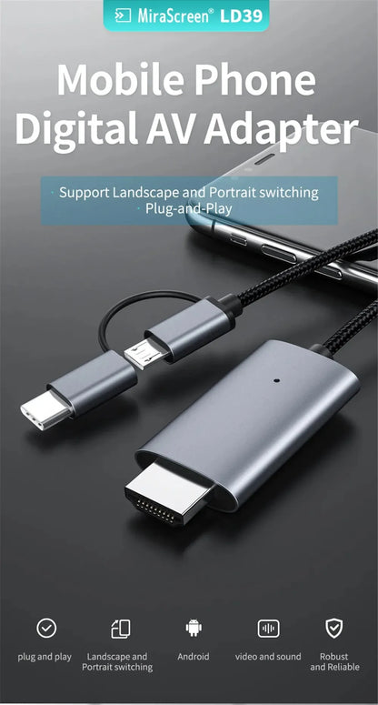 LD39 Wire HD Streaming TV Stick – Micro USB & Type C to HDMI Cable for Screen Mirroring from Android Phone/Tablet to TV