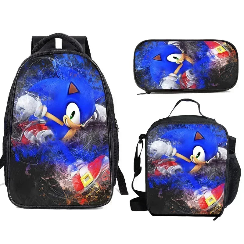 3 Piece Cartoon School Bag Set - Sonic Lunch Bag, Pencil Case, and Backpack for Primary and Middle School Students