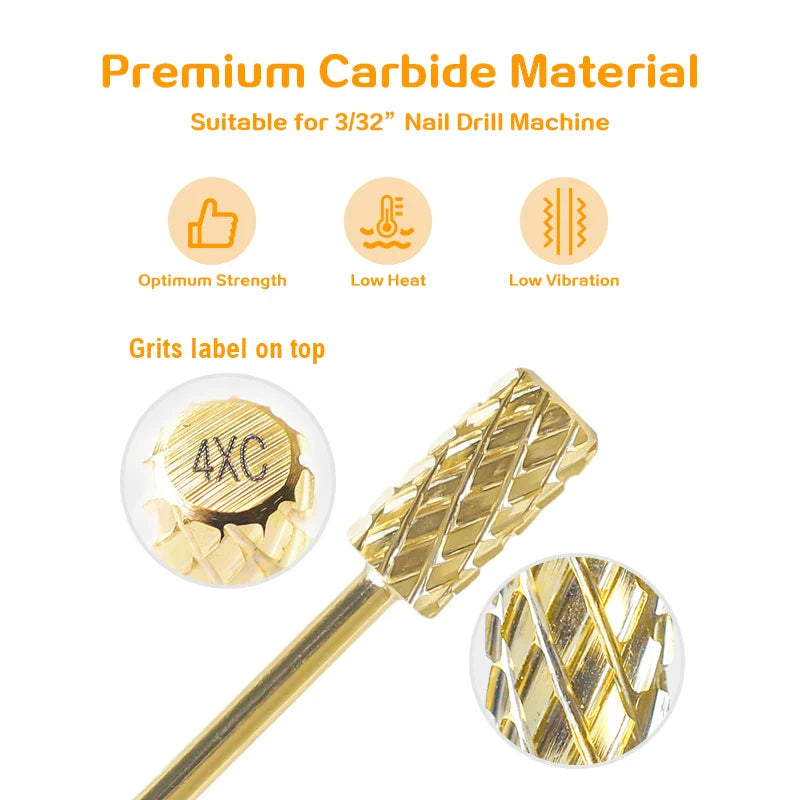 Gold Tungsten Carbide Nail Drill Bits – Large Barrel Milling Cutter, Pro Reversed Durable Grinding & Polishing Tools Accessories 4XC