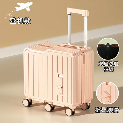 2024 Kids 20-Inch Travel Suitcase – Mini Luggage with Six Wheels, Sitting & Riding Feature, Folding Foot Pedal