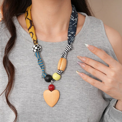 Printed Fabric Choker Necklace - Ethnic Heart Pendant Acrylic Wood Bead Charm Jewelry for Women