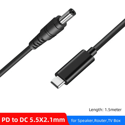 USB Type-C PD to DC 5.5x2.1mm Power Cable – 9V/12V/15V 65W Adapter for LED Strip, TV Box, Camera, Router