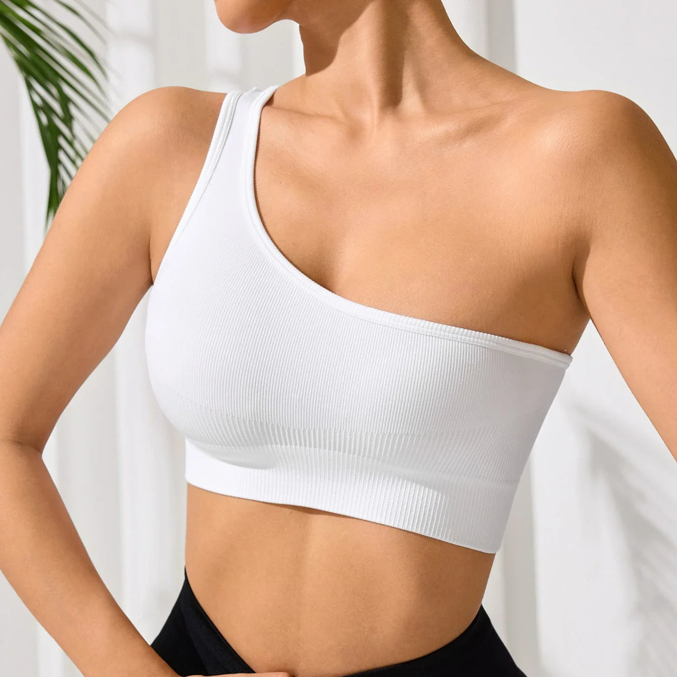 Seamless One Shoulder Yoga Sports Bra for Women – Mileegirl Ribbed Crop Top Quick Dry Gym Workout Bra