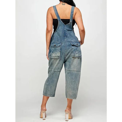 Women's Denim One Piece Jumpsuit - Sleeveless Straight Leg Overalls Romper for Casual & Office Wear