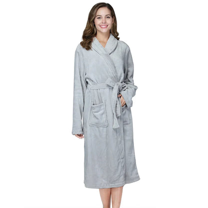 RONGTAI Women's Solid Color Lapel Bathrobe - Warm, Comfortable Long-Sleeved Robe for Autumn and Winter Homewear