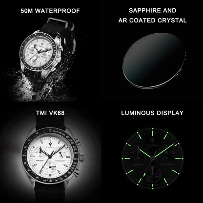 CADISEN Men's Luxury Watch – Quartz VK68 Chronograph, Sapphire AR Crystal, Canvas Strap Speed Style Wristwatch