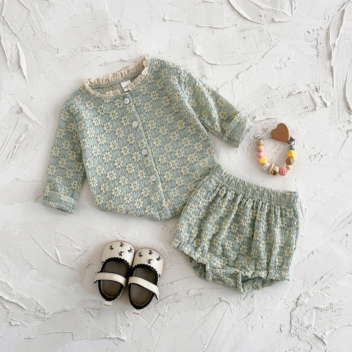 Summer European Style Baby Onesie Set – Floral Embroidery Long Sleeve Top & Shorts, Breathable 2-Piece Outfit