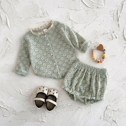 Summer European Style Baby Onesie Set – Floral Embroidery Long Sleeve Top & Shorts, Breathable 2-Piece Outfit