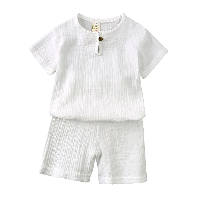 Cotton Linen Kids Summer Outfit – Solid Color Short Sleeve Tops & Shorts for Boys & Girls (Ages 2-7)