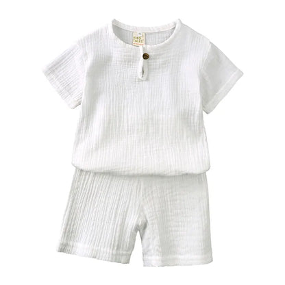 Cotton Linen Kids Summer Outfit – Solid Color Short Sleeve Tops & Shorts for Boys & Girls (Ages 2-7)