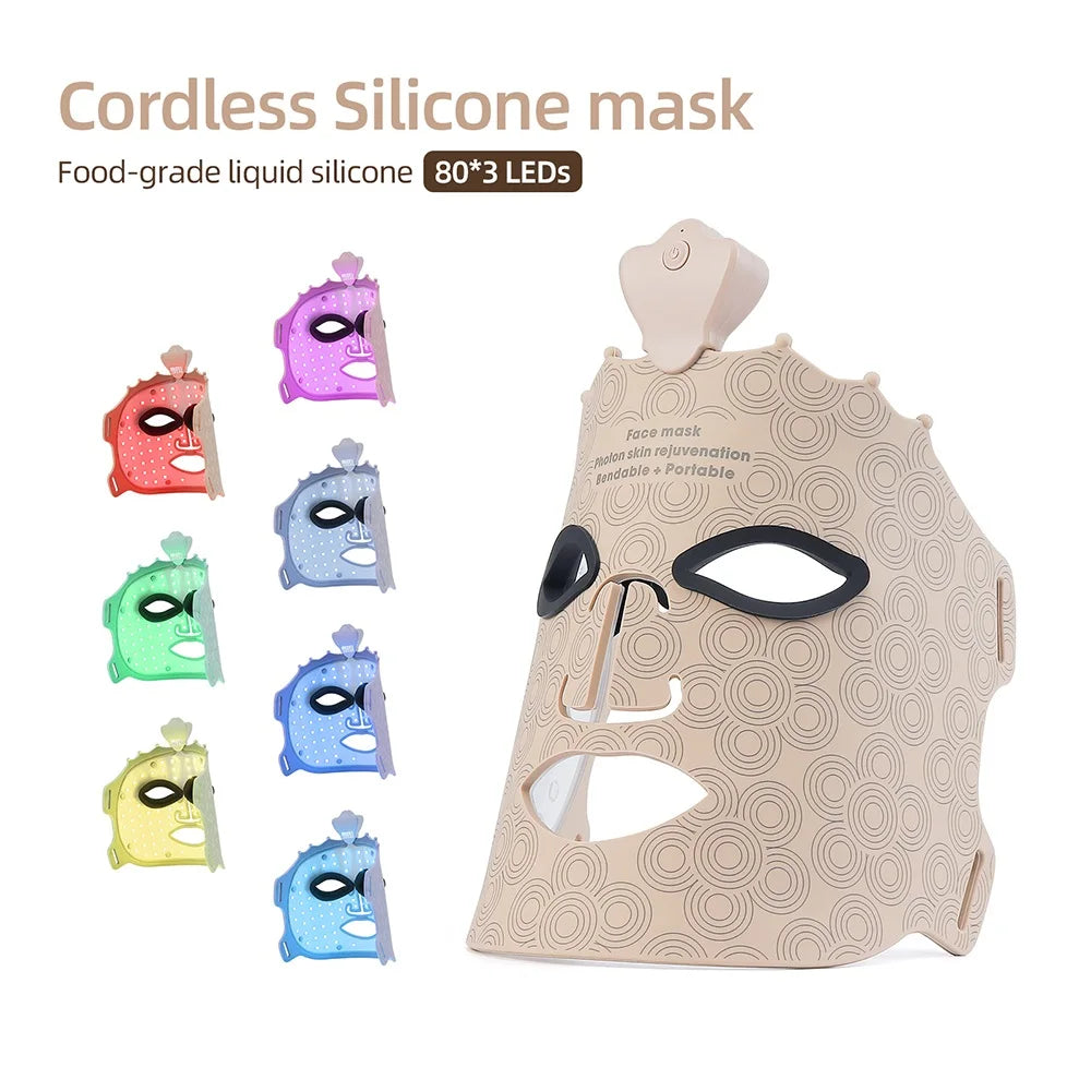 7-Color Photon Silicone LED Face Mask — 3D Facial Beauty Device with Red Light Therapy for Skin Repair & Brightening, Wireless Use