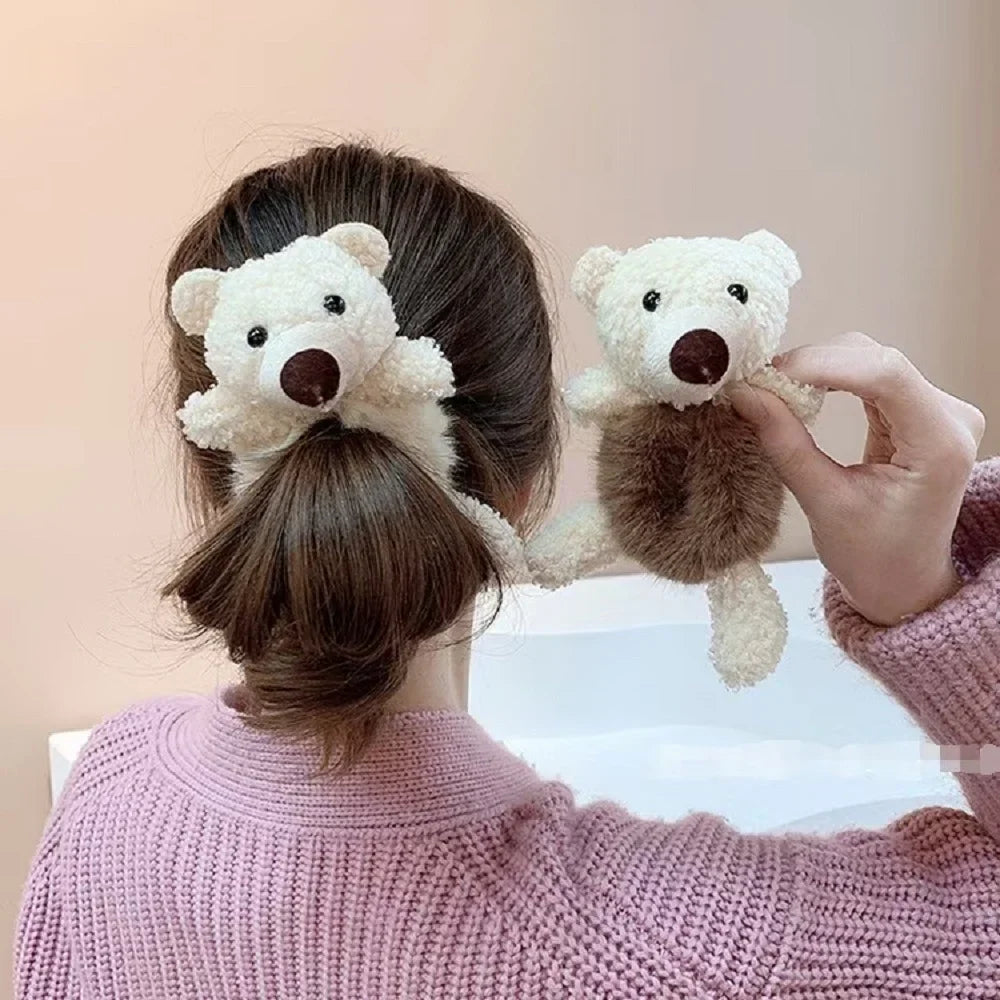 Korean Style Cute Cartoon Bear Plush Hair Tie – Gentle on Hair, Children’s Hair Circle with Marble Detail