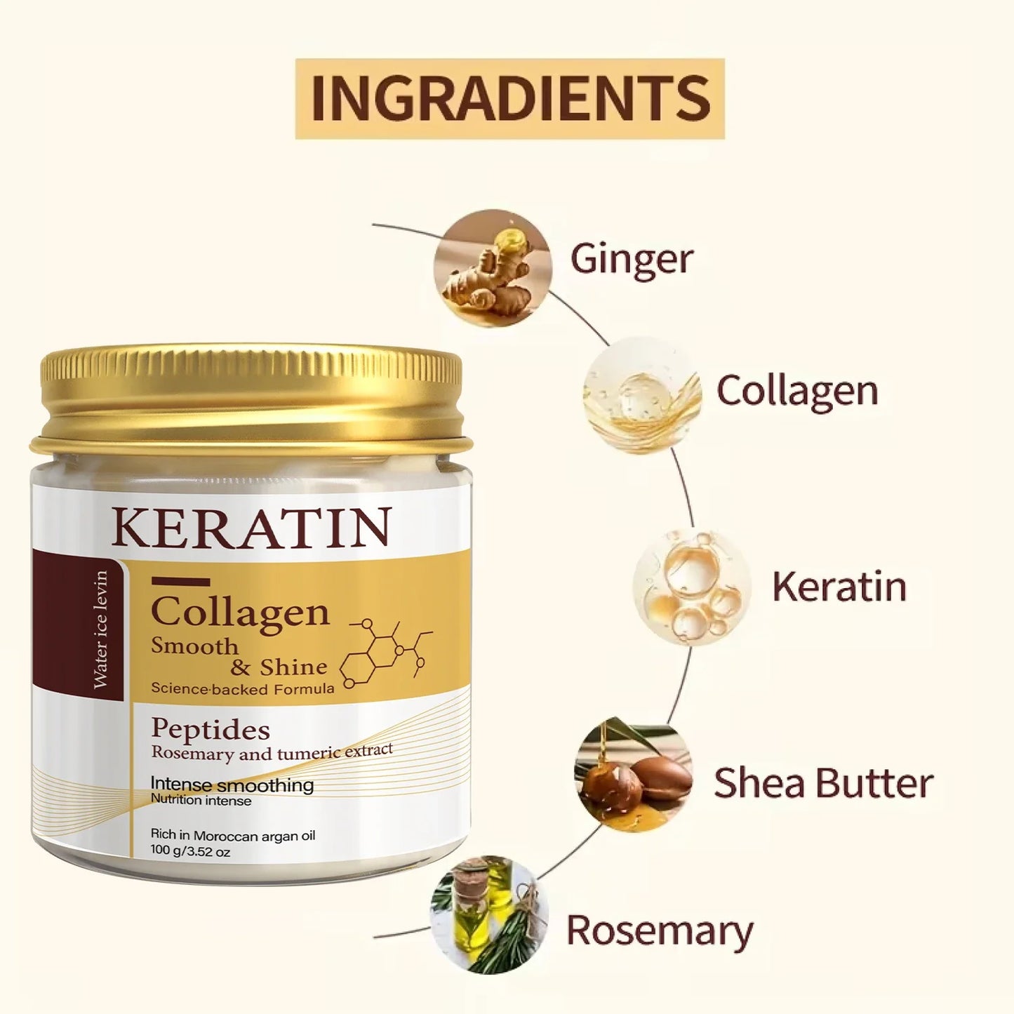 Keratin Collagen Hair Mask - Peptide & Rosemary Deep Conditioning Treatment for Smoothing, Shine & Hair Repair