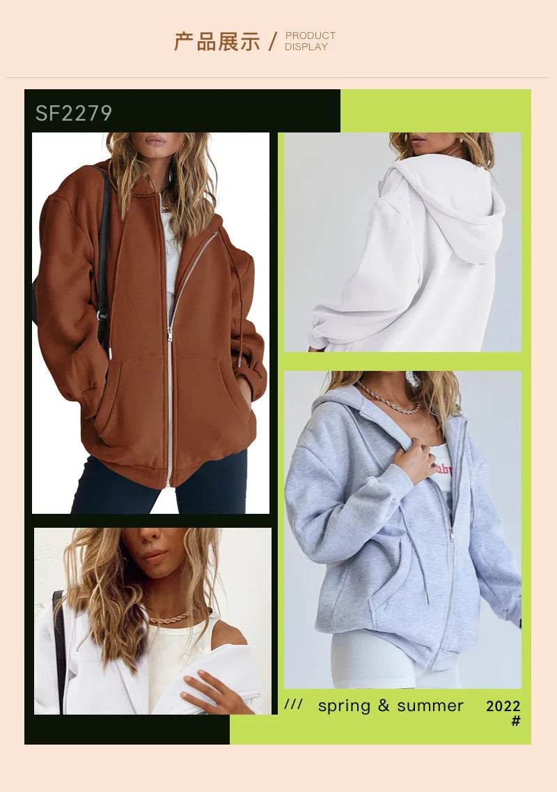 Women’s Gray Zip-Up Hoodie Sweatshirt – Autumn Winter Long Sleeve Jacket with Pockets