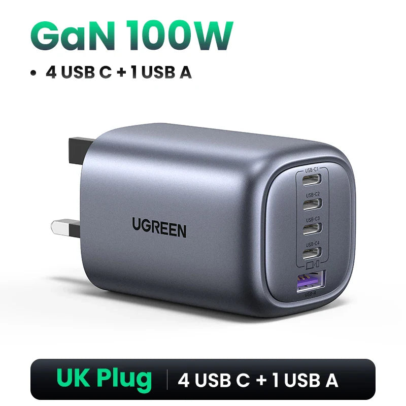 UGREEN 100W GaN 5-Port USB-C Charger – Fast Charger QC4.0/3.0 PPS for MacBook, Laptop, iPhone 16/15/14 Pro, Tablet