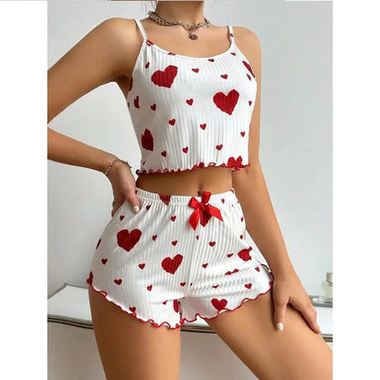 Women's Pajamas Set – 2 PCS Sleepwear with Short Tank Tops & Shorts, Soft & Ventilated, S-M-L, White with Love Printing