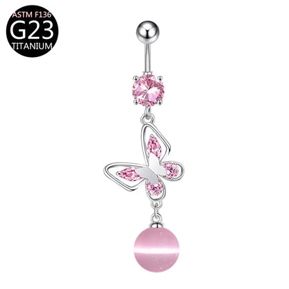 G23 Titanium Belly Button Ring - Zircon Butterfly Heart Dangle Navel Piercing Jewelry for Women 14G Sexy Style