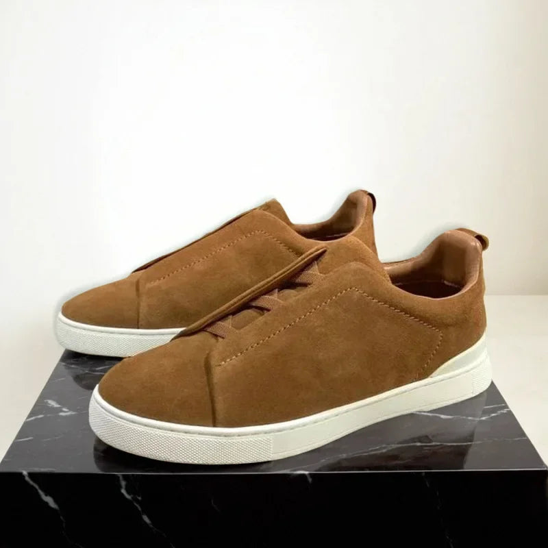 Men's Summer Casual Shoes — Top Layer Cow Leather, Breathable Luxury Deer Skin Slip-On Sneakers