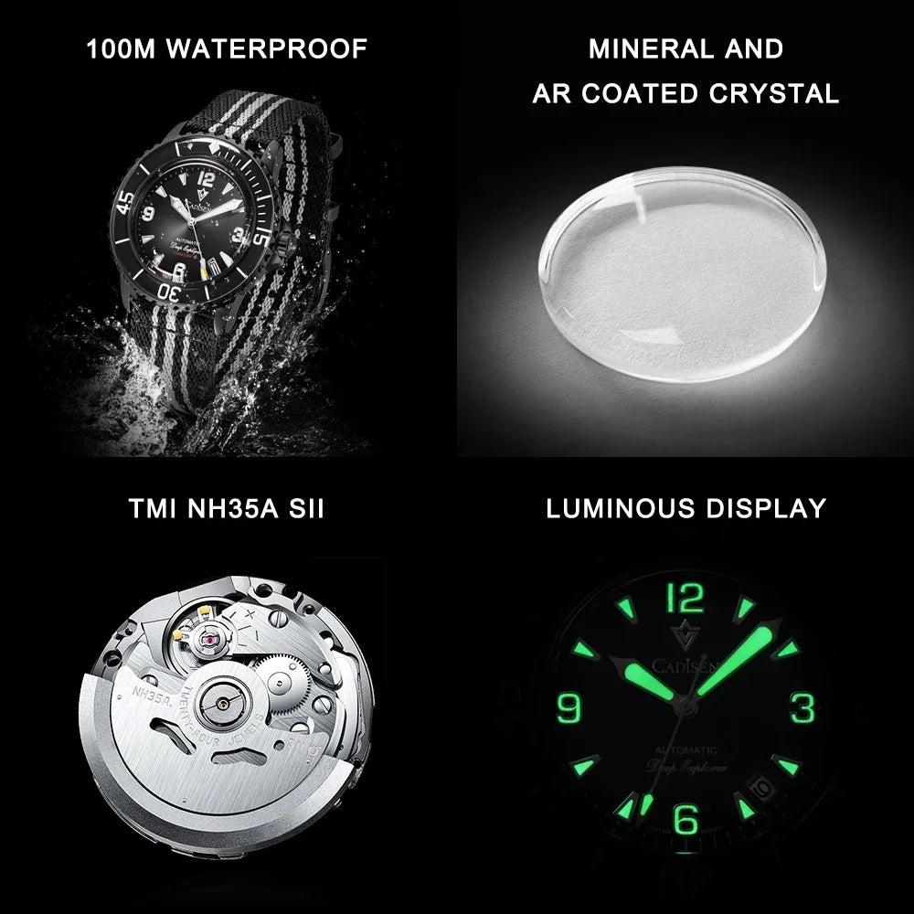 CADISEN Deep Explorer 2025 Automatic Mechanical Men’s Watch – Canvas Strap, NH35 Movement, Luminous & Waterproof Luxury Wristwatch