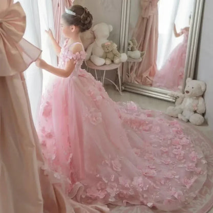 Pink Flower Girl Dress - 3D Floral Applique Pearl Tulle Gown for Weddings & Parties